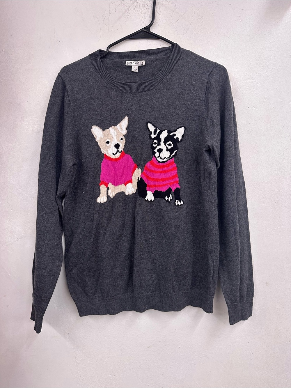 J Crew mercantile Charcoal Gray Sweater with Pink Dog doggies Motif size large